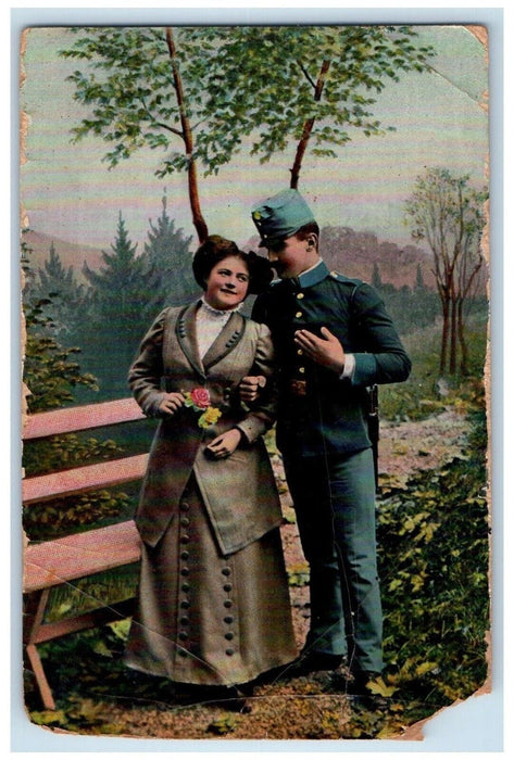 1910 Soldier Couple Romance Pink Rose Flower Latvia Posted Antique Postcard