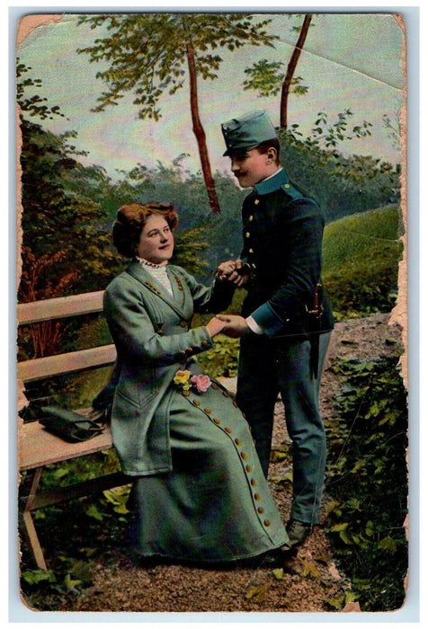 1910 Soldier Couple Romance Holding Hands Latvia Posted Antique Postcard