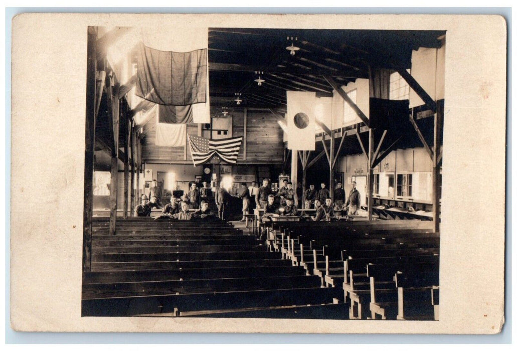 c1910's YMCA Interior WWI US Army Japan Allies Flag Military RPPC Photo Postcard