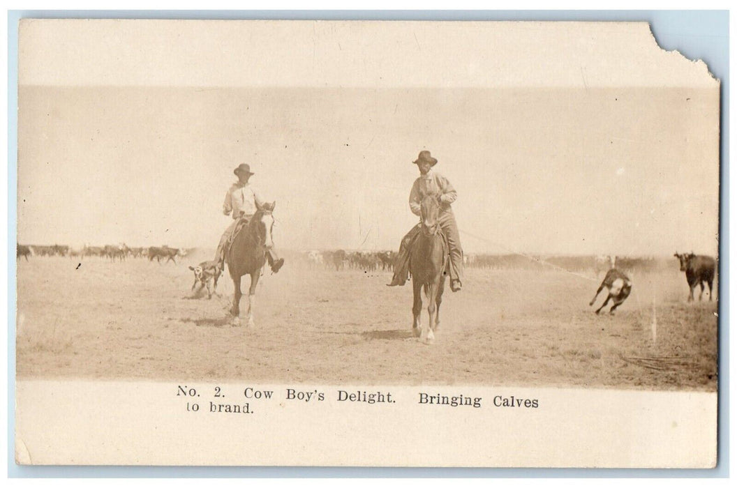 c1910's Cowboy Bringing Calves To Brand Hal Reid Liberal KS RPPC Photo Postcard