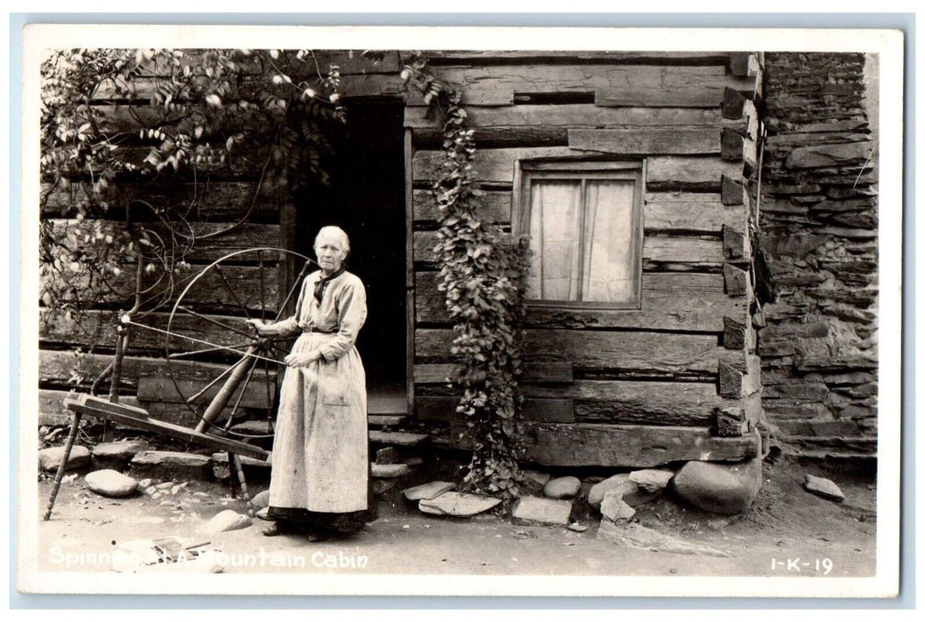 c1940s Spinning At A Mountain Cabin Old Woman RPPC Photo Unposted Postcard