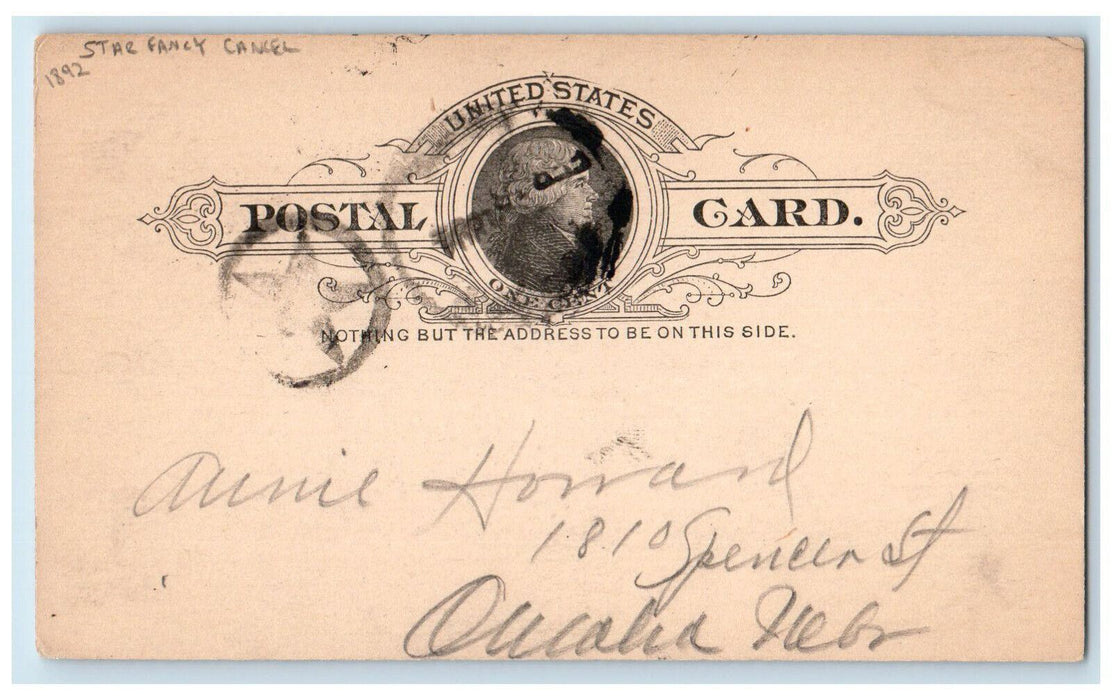 1892 Monay Morning Col Weather Star Fancy Cancel Omaha Nebraska NE Postal Card