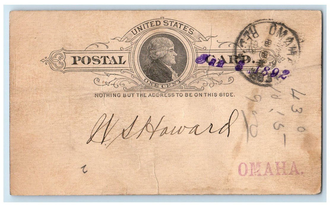 1892 Burlington & Missouri River Railroad W.A. Austin Omaha NE Postal Card