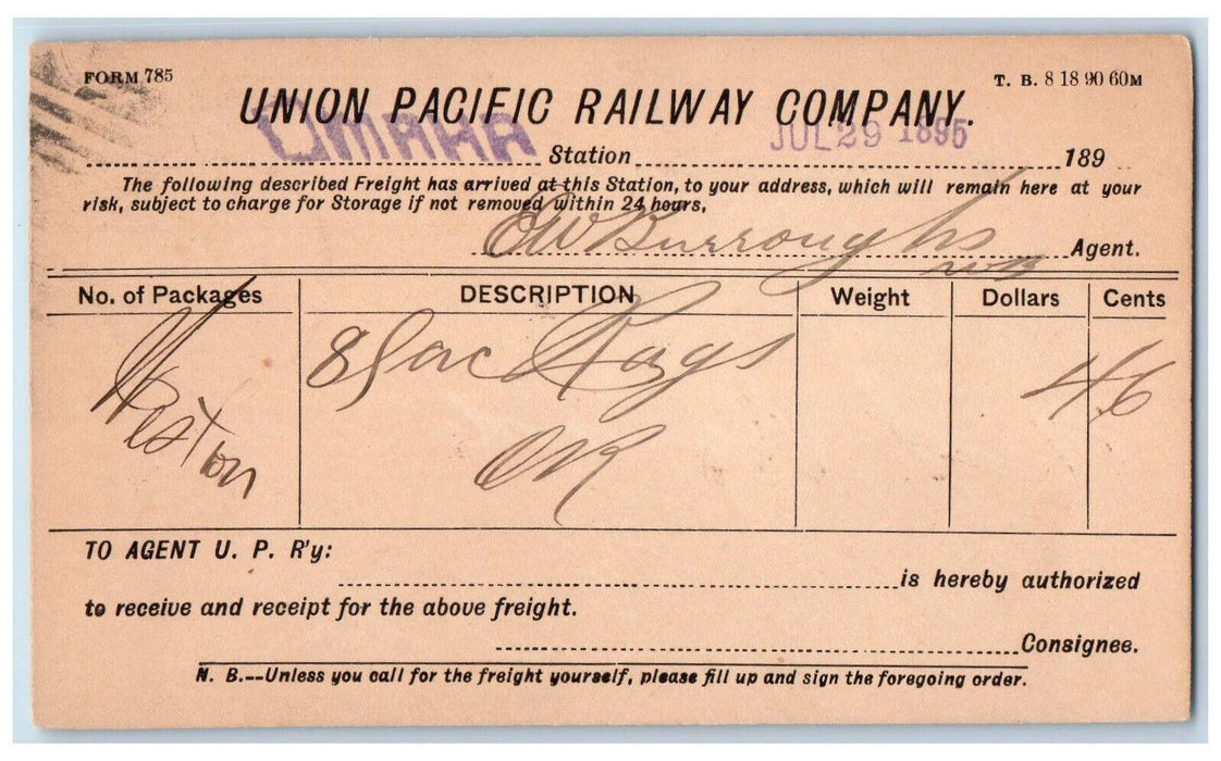 1895 Union Pacific Railway Company Omaha Nebraska NE Antique Postal Card