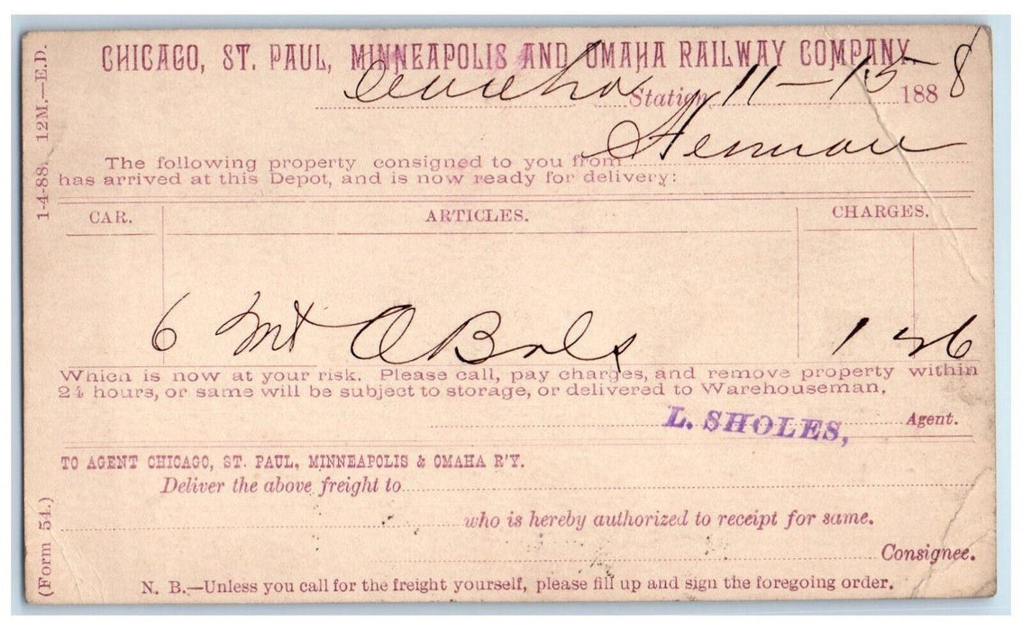 1888 Chicago St. Paul Minneapolis Omaha Railway Company L. Sholes Postal Card