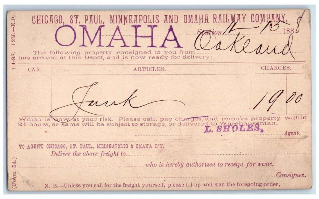 1888 St. Paul Minneapolis Omaha Railway Company Junk L. Sholes Postal Card
