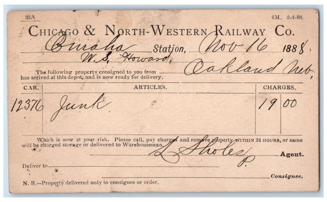 1888 Chicago & North-Western Railway Co. WS Howard Omaha Nebraska NE Postal Card