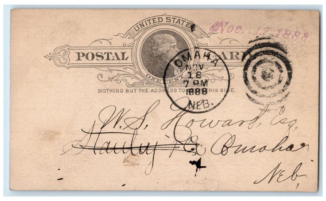 1888 Chicago & North-Western Railway Co. WS Howard Omaha Nebraska NE Postal Card
