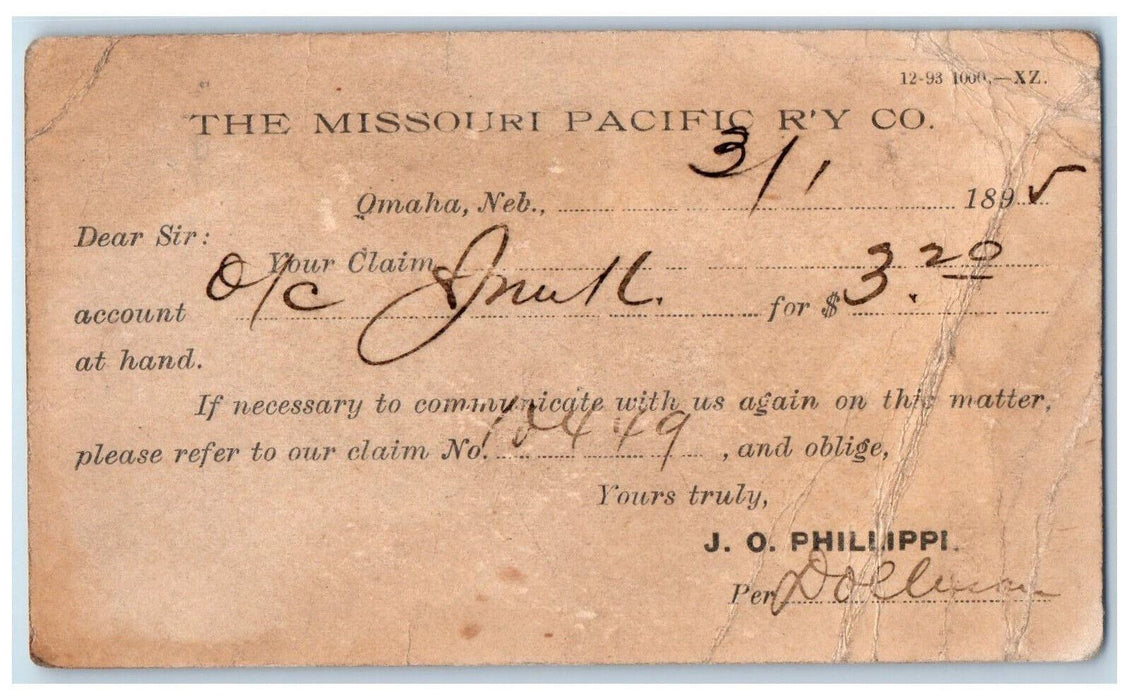 1895 The Missouri Pacific Railway Co. J.O. Phillippi Omaha NE Postal Card