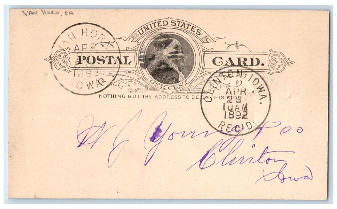 1892 WJ Young and Co. RW Smith Van Horn Iowa IA Clinton Iowa IA Postal Card