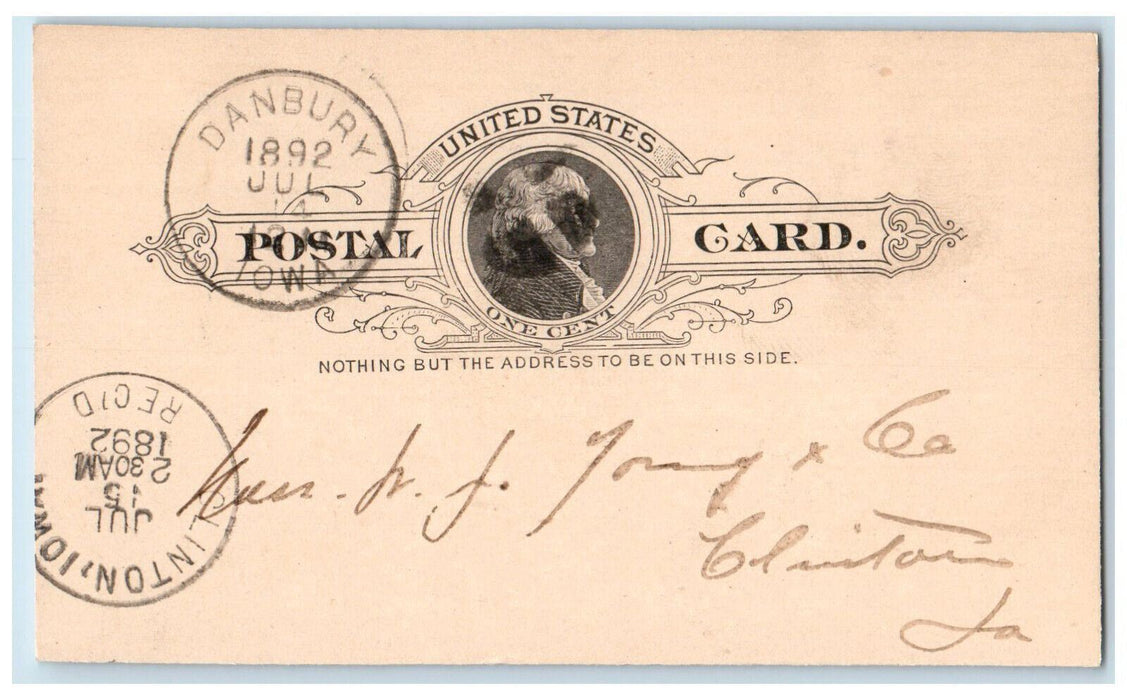 1892 Please Add to Order WJ Young an Co Danbury IA Clinton Iowa IA Postal Card