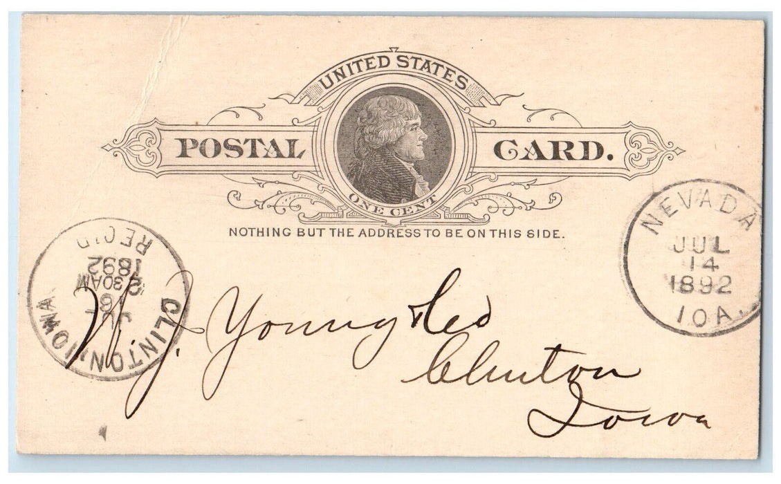 1892 WJ Young and Co WM Lockridge Nevada Iowa IA Clinton Iowa IA Postal Card