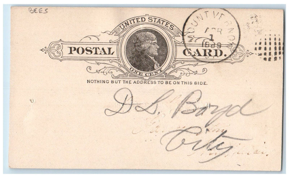 1889 Oliver Foster Bees Supplies Mt. Vernon Linn Co. IA Clinton IA Postal Card