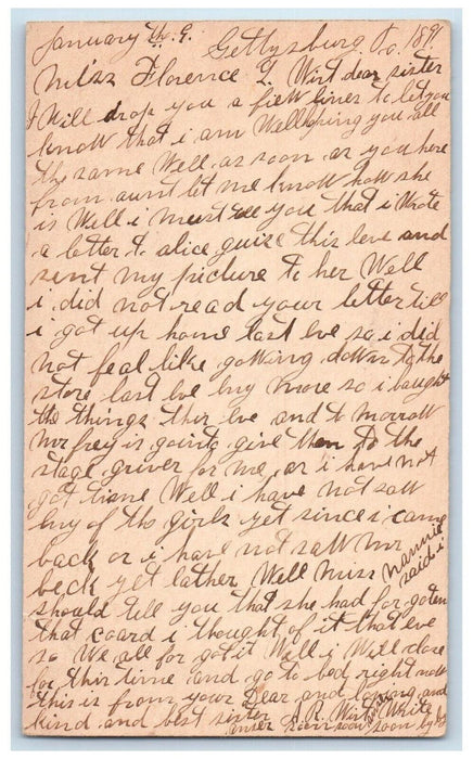 1891 Florence Wirt Gettysburg Pennsylvania PA Clinton IA Antique Postal Card