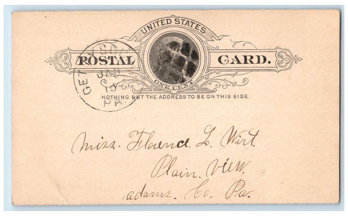 1891 Florence Wirt Gettysburg Pennsylvania PA Clinton IA Antique Postal Card
