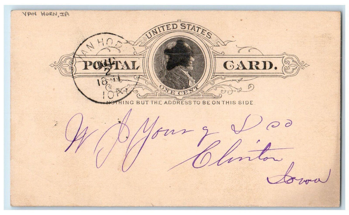 1891 Ship Order Call on Phone RW Smith Van Horn Iowa IA Clinton IA Postcard