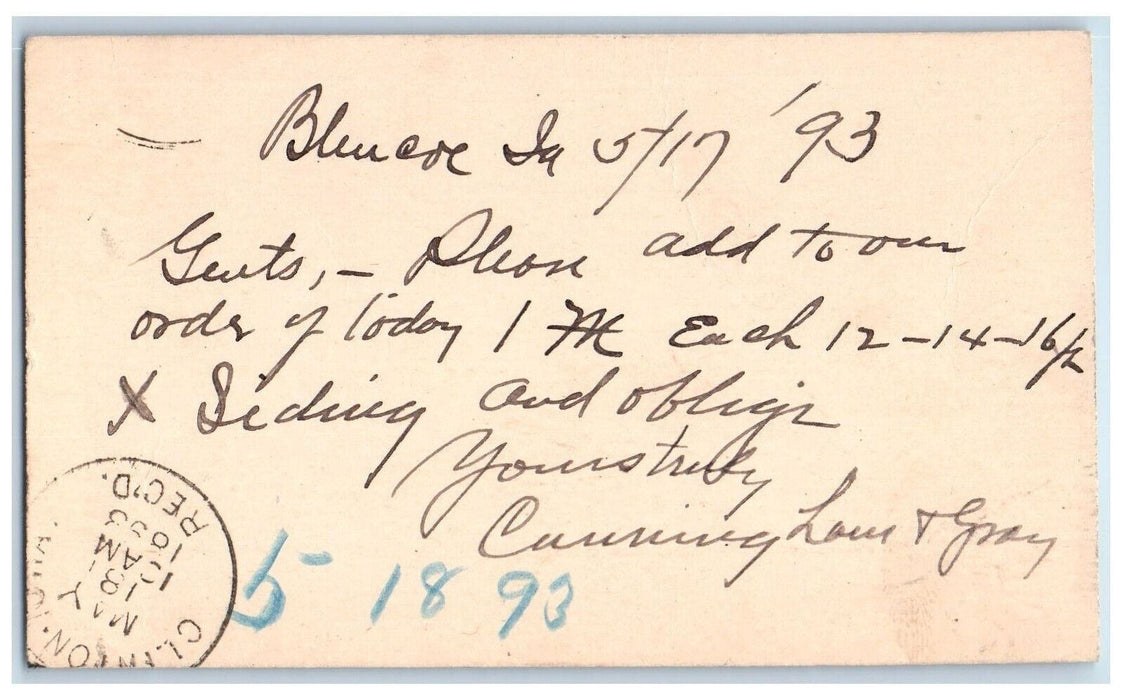 1893 Cunningham & Gray Lumber Order WJ Young & Co Blencoe IA Clinton IA Postcard