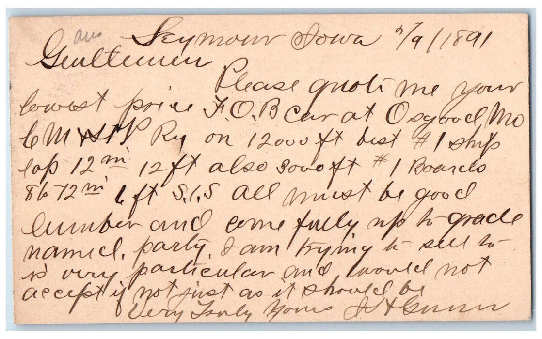 1891 F.O.B. Carat Osgood WJ Young & Co. Seymour Iowa IA Clinton IA Postcard