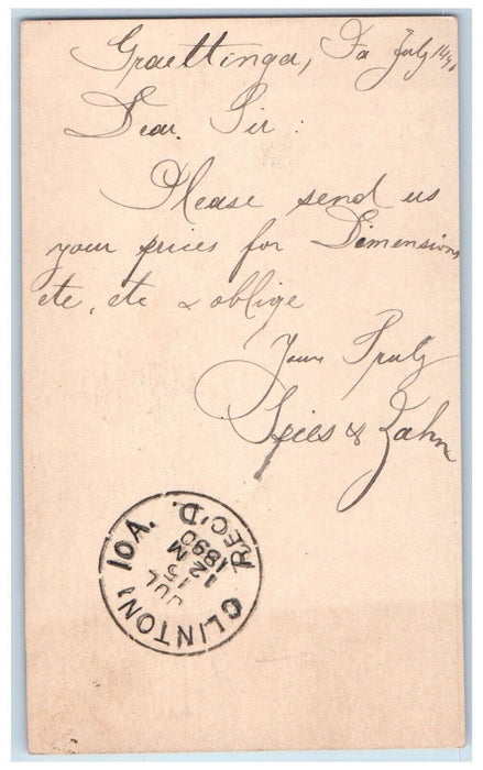 1890 Send Prices for Dimensions Lumber Graettinger Iowa IA Clinton IA Postcard