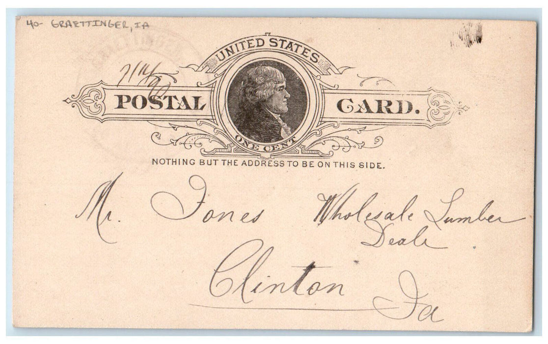 1890 Send Prices for Dimensions Lumber Graettinger Iowa IA Clinton IA Postcard