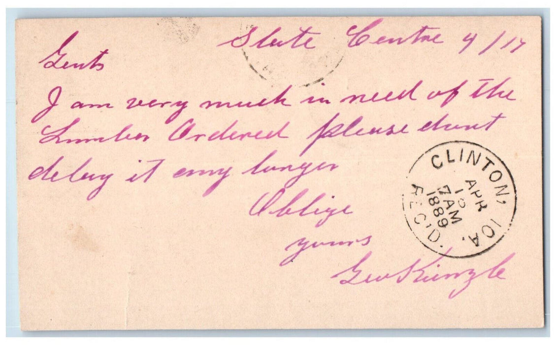 1889 Lumber Order Geushinzle State Center Iowa IA Clinton IA Postcard