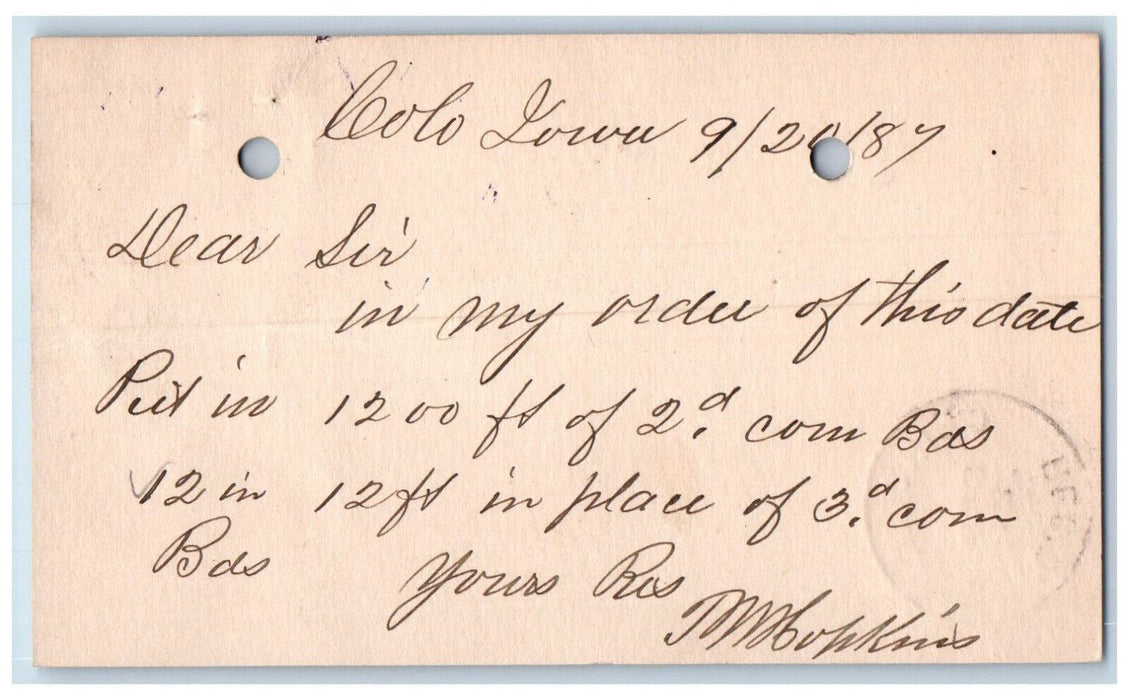 1887 Purple Cancel Lumber Order WJ Young & Co. Colo IA Clinton IA Postcard