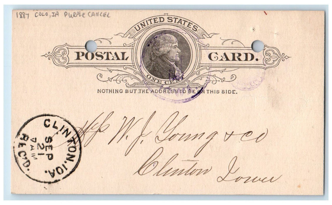1887 Purple Cancel Lumber Order WJ Young & Co. Colo IA Clinton IA Postcard