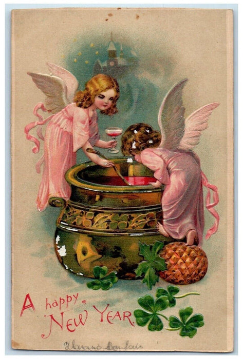 c1910's Happy New Year Angels Cauldron Pineapple Shamrock Embossed Postcard