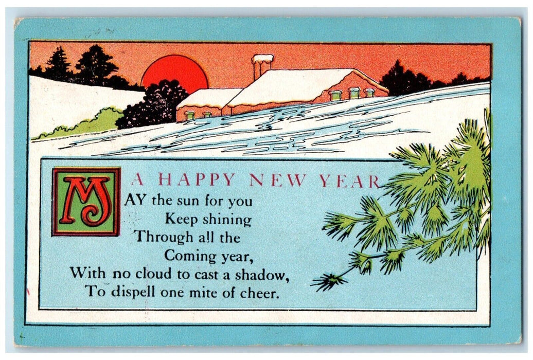 c1910's Happy New Year House Winter Sun Arts Crafts Colwich Kansas KS Postcard