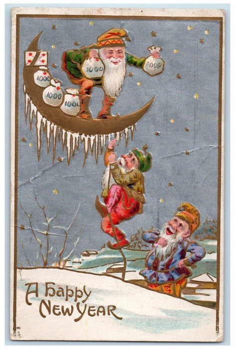 1909 New Year Elves Gnomes Escaped Sack Of Coins Crescent Canton OH Postcard