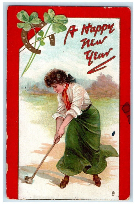 c1910's New Year Woman Golfing Horseshoe Clover Tuck's Embossed Antique Postcard