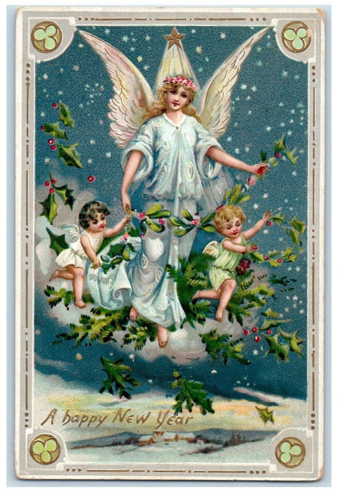 c1910's New Year Angels Holly Berries Snowfall Tuck's Embossed Antique Postcard