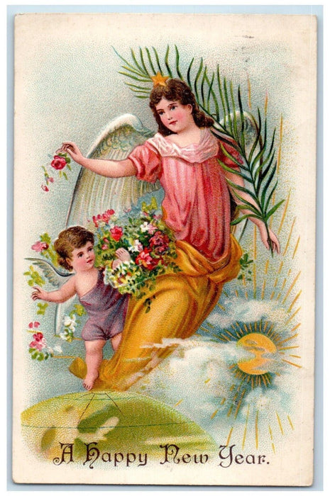 c1910's New Year Floating Angels Flowers Sun Embossed Posted Antique Postcard