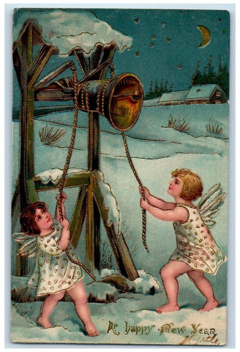 1906 New Year Angel Butterfly Wings Ringing Bell Crescent Stars Winter Postcard