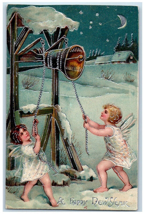 1908 New Year Angels Butterfly Wings Ringing Bell Crescent Moon Stars Postcard