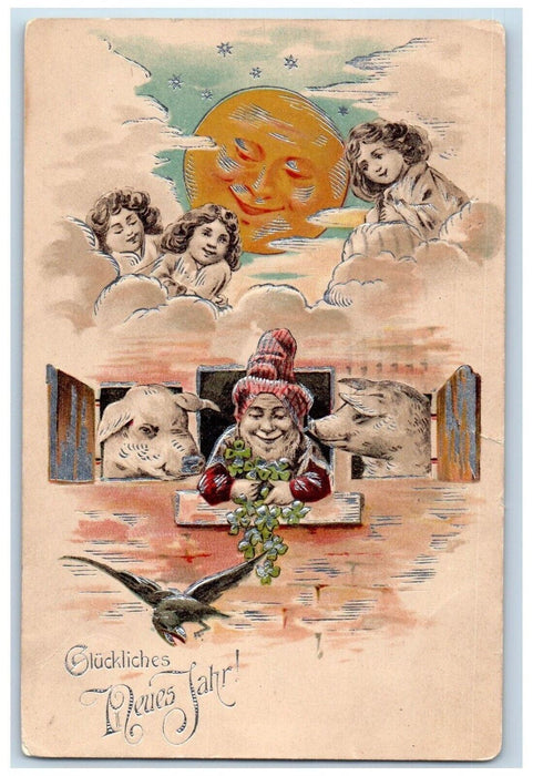 1903 New Year Gnome Elf Clover Bird Anthropomorphic Sun Duluth MN Postcard