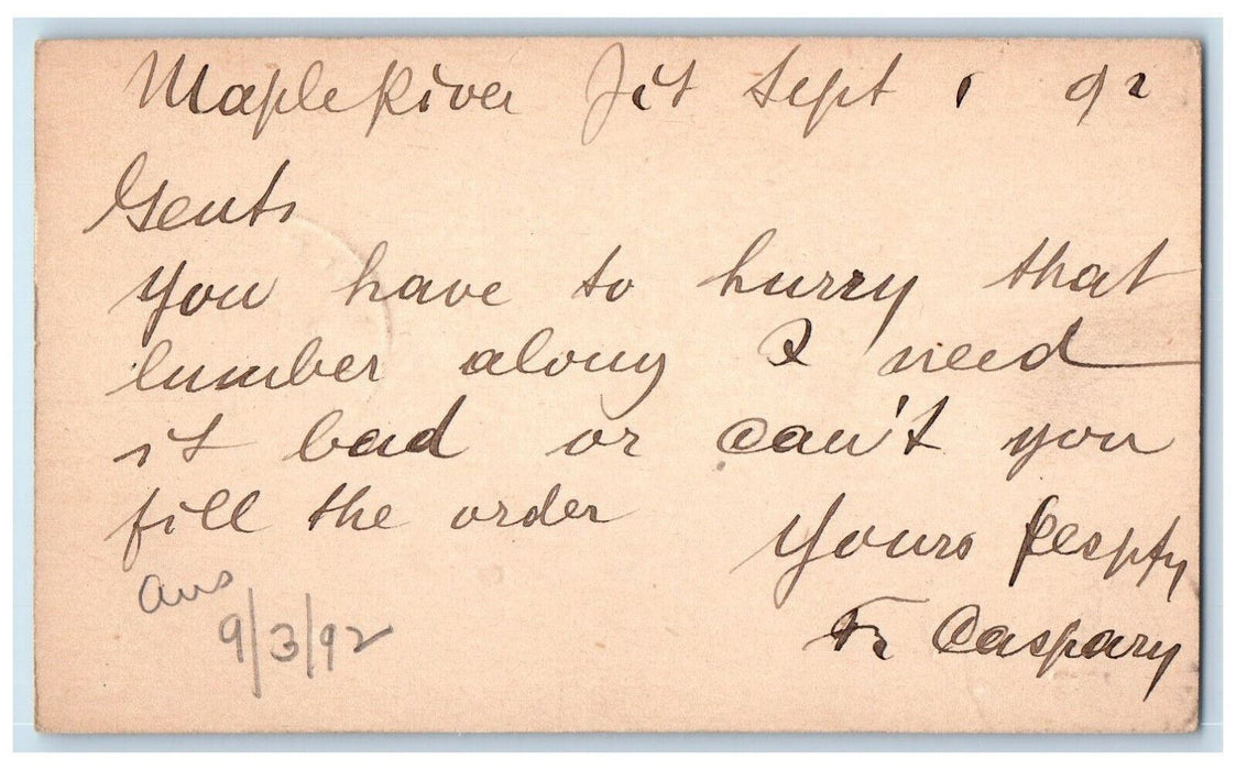 1892 Lumber Order Maple River Iowa IA Clinton IA Antique Posted Postcard