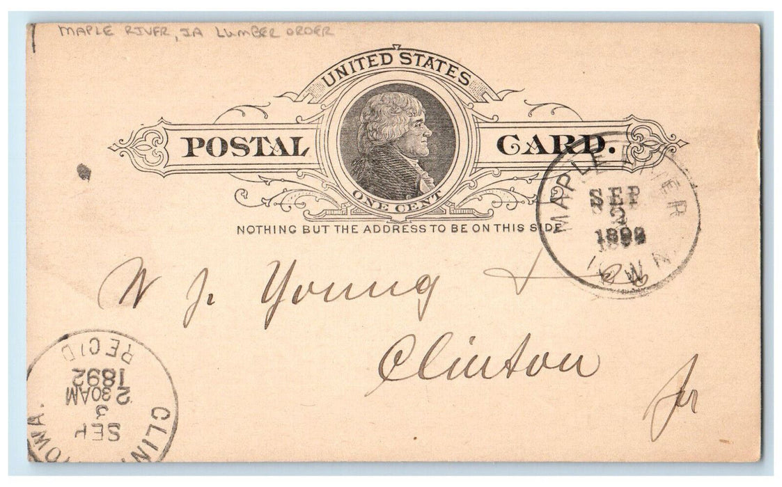 1892 Lumber Order Maple River Iowa IA Clinton IA Antique Posted Postcard