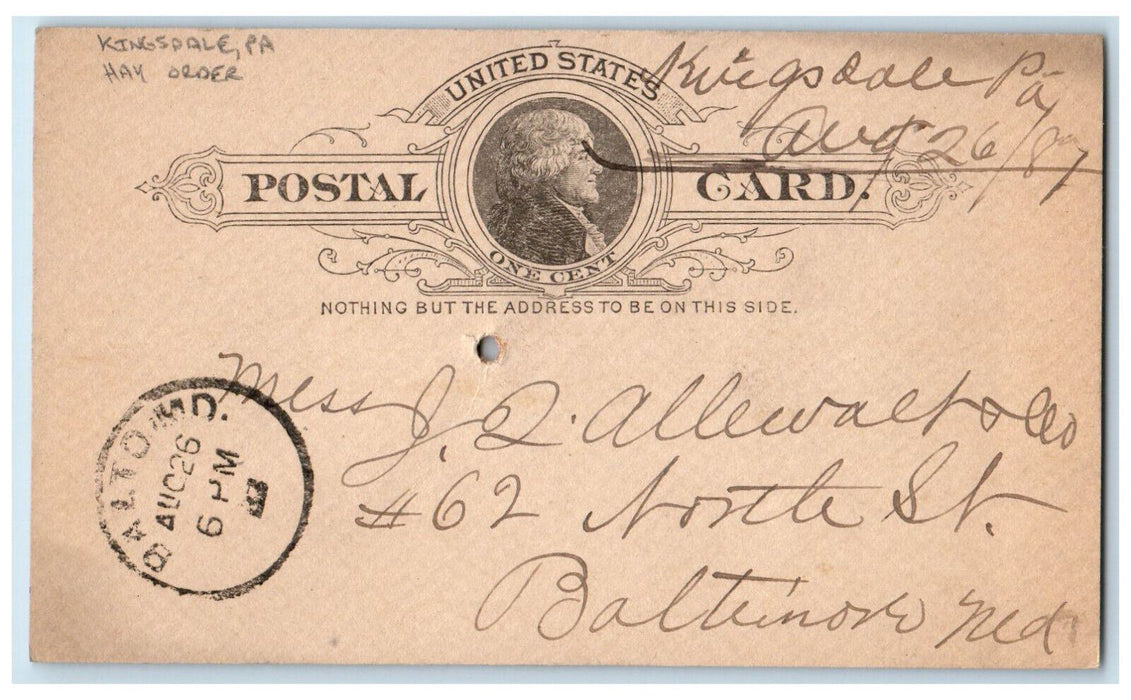 1887 Hay Order Kingsdale Pennsylvania PA Clinton IA Antique Postcard