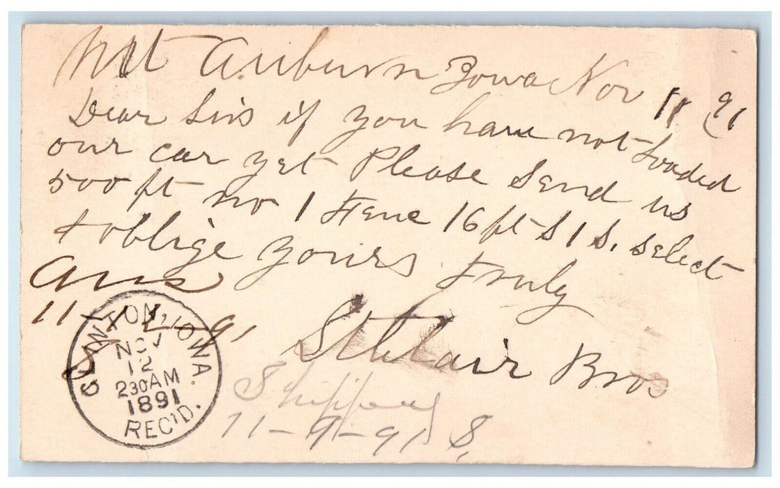1891 Lumber Order Mount Auburn Iowa IA Clinton IA Antique Posted Postcard