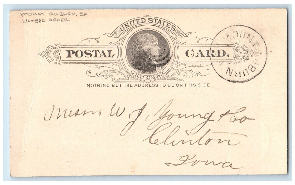 1891 Lumber Order Mount Auburn Iowa IA Clinton IA Antique Posted Postcard