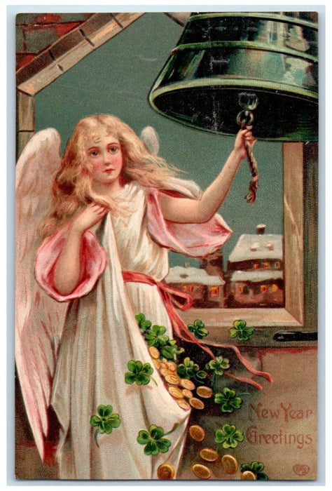 1909 New Year Greetings Angel Ringing Bell Clover Philadelphia PA Postcard