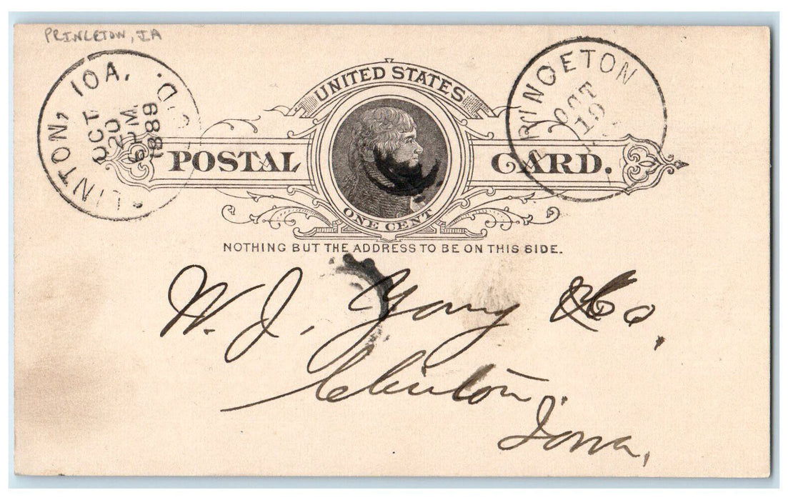 1889 Princeton Iowa IA WJ Young & Co Lumber Order Clinton IA Postcard