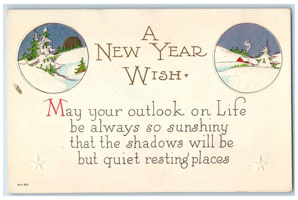 c1910's New Year Wish Message Arts Crafts Pine Trees House Winter Postcard