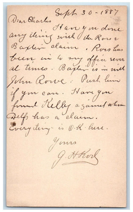 1887 G.H. Koch Baxter Message Davenport IA Hand Cancel Omaha NE Postcard