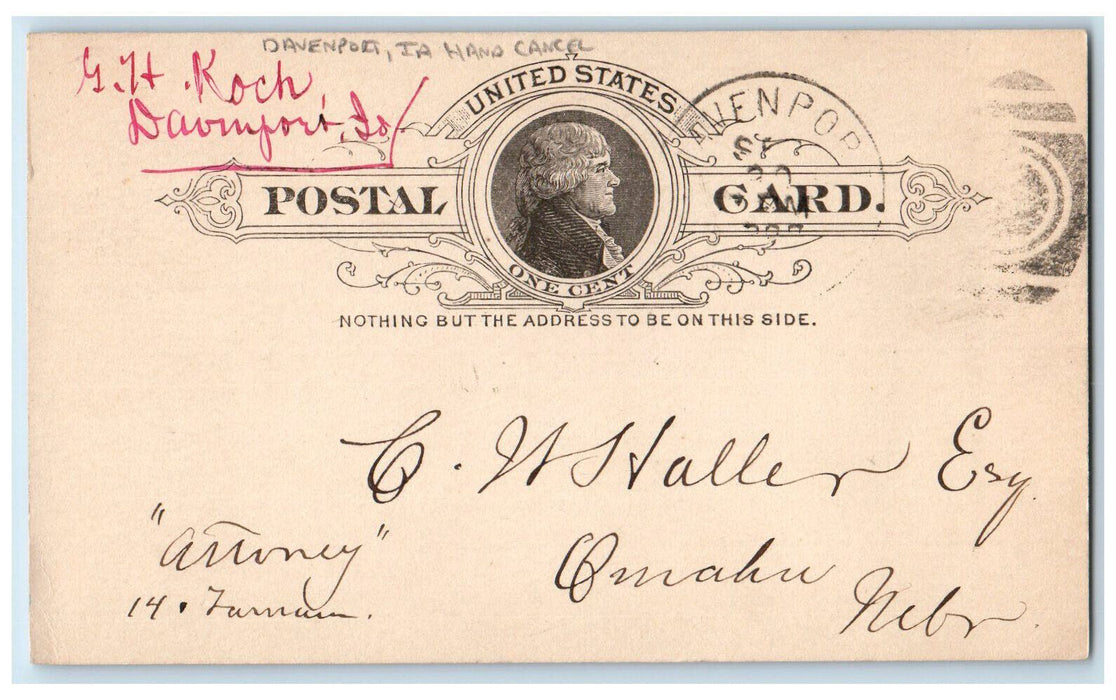1887 G.H. Koch Baxter Message Davenport IA Hand Cancel Omaha NE Postcard
