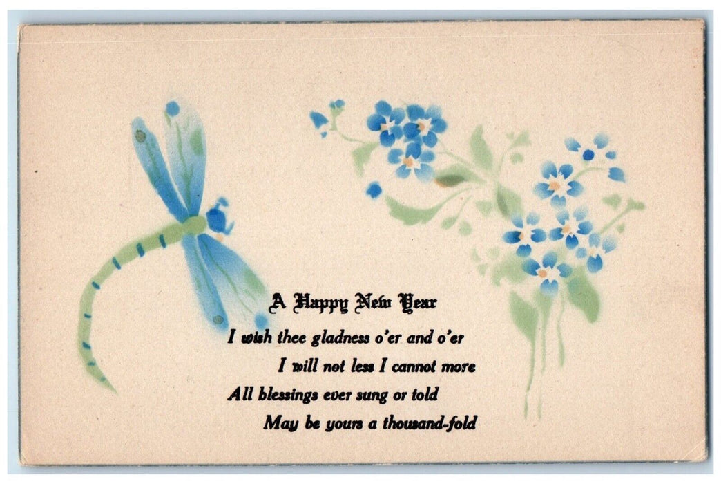 c1910's Happy New Year Message Dragonfly Flowers Unposted Antique Postcard