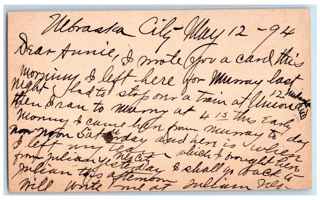 1894 Card For Murray Train Nebraska City NE WS Howard Omaha NE Postcard