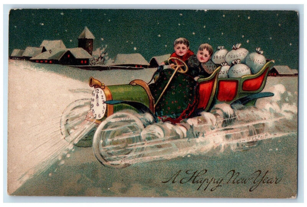 1910 Happy New Year Boys Driving Car With Sacks Of Coins Pittsburg PA Postcard