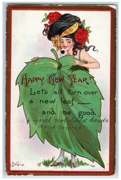 1910 Happy New Year Woman Covered Big Leaf Wolfeboro New Hampshire NH Postcard